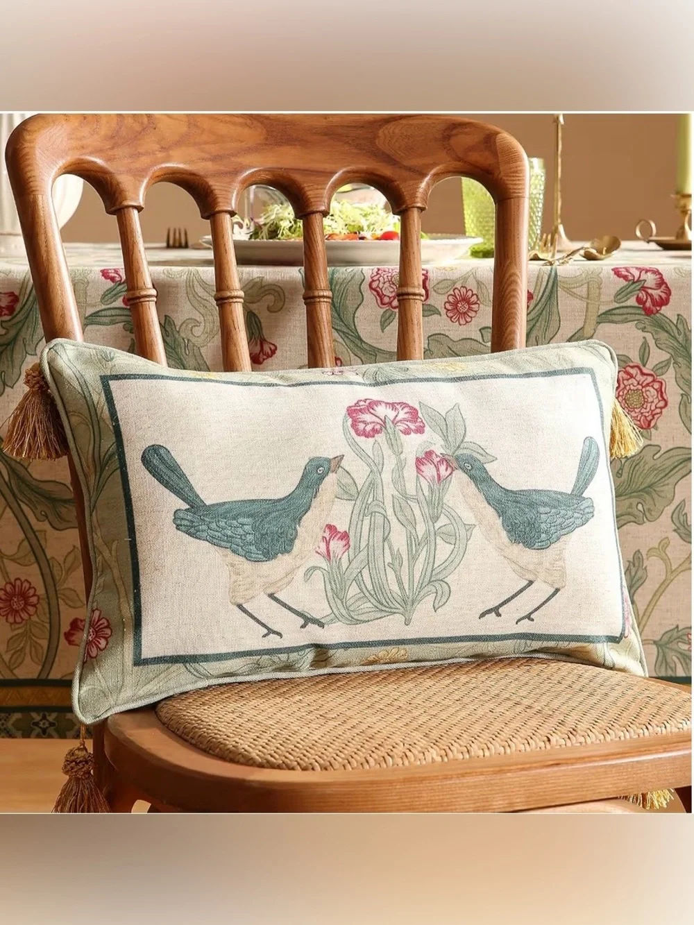 Patdrea “Birds” Lumbar Pillow Cover with Tassels 12x20” (1-count) BLUE GREEN